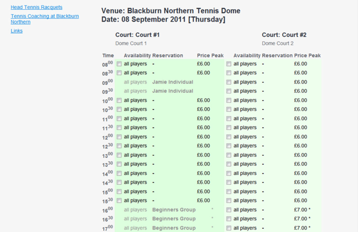 Blackburn Northern Sports Club (2011) Online booking form
