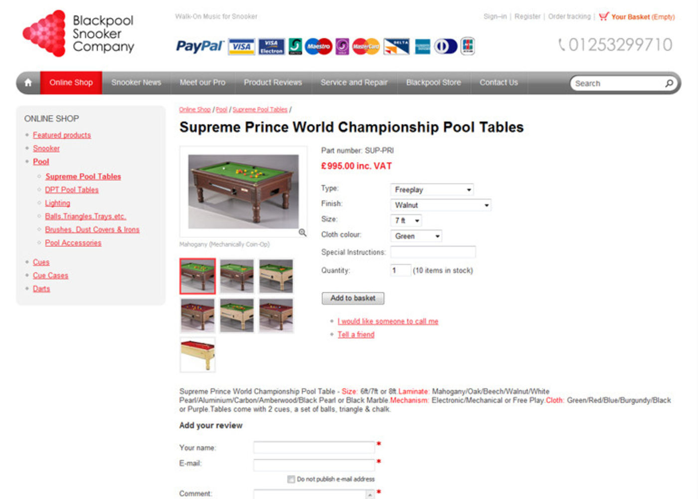 Blackpool Snooker Shop Online Product