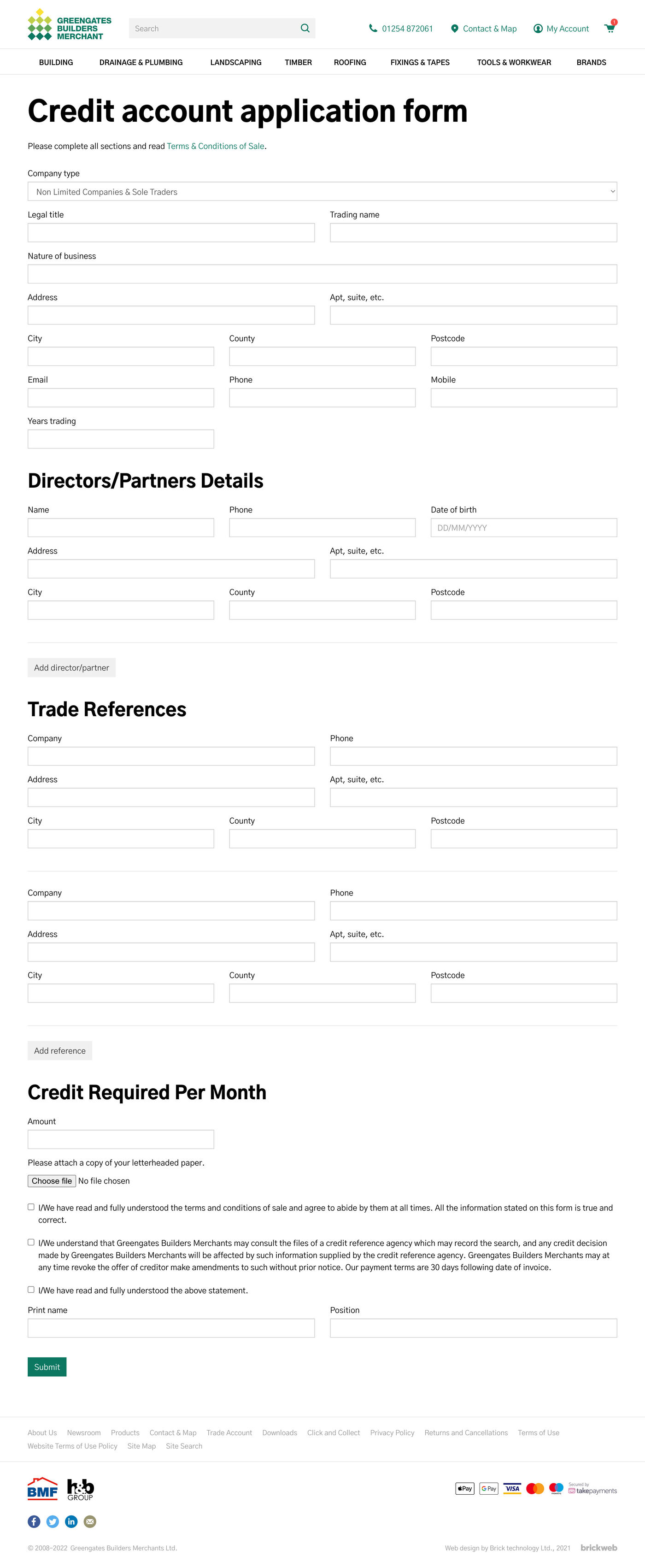 Greengates Builders Merchants Credit account application form