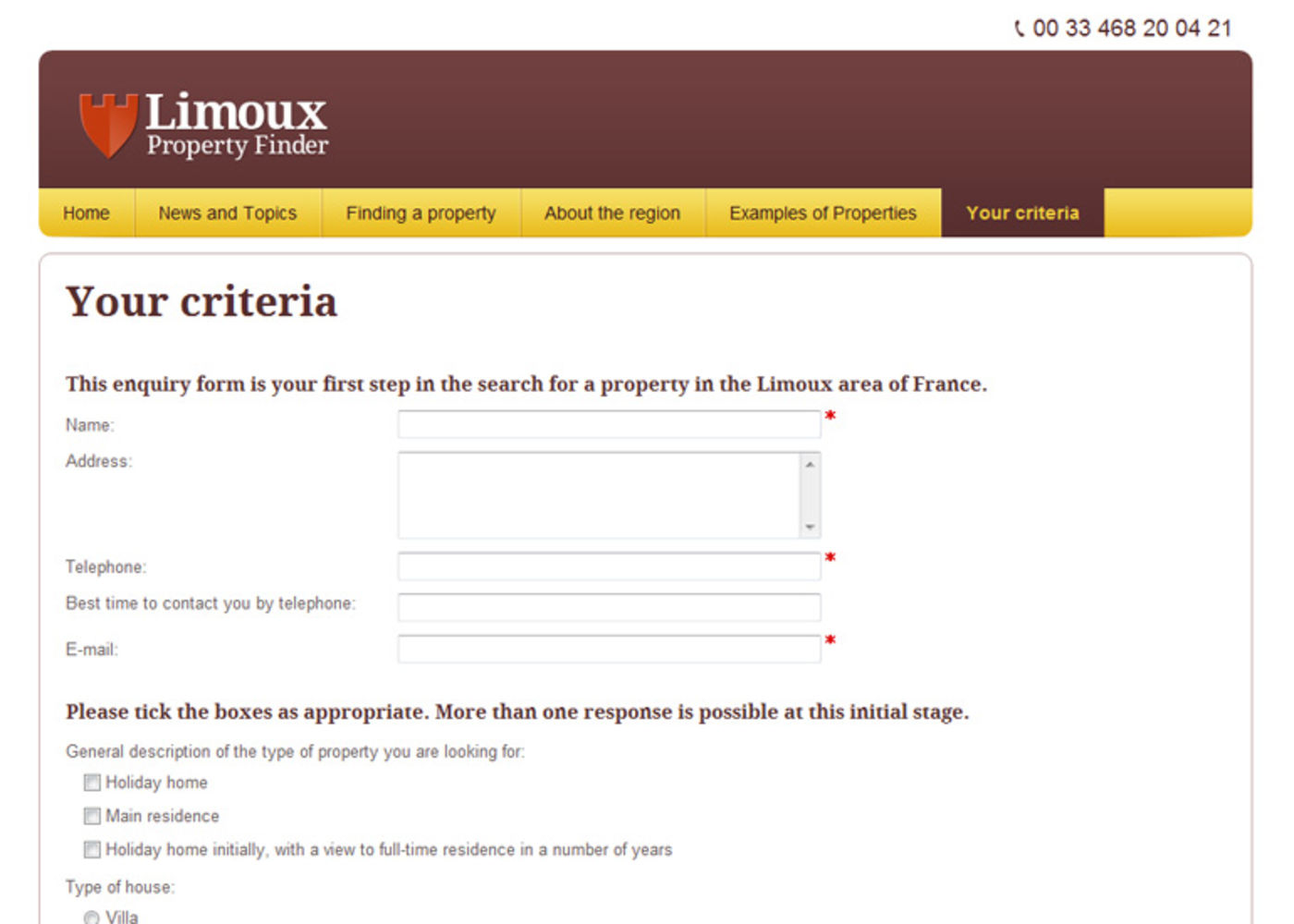 Limoux Property Finder Form - Your criteria