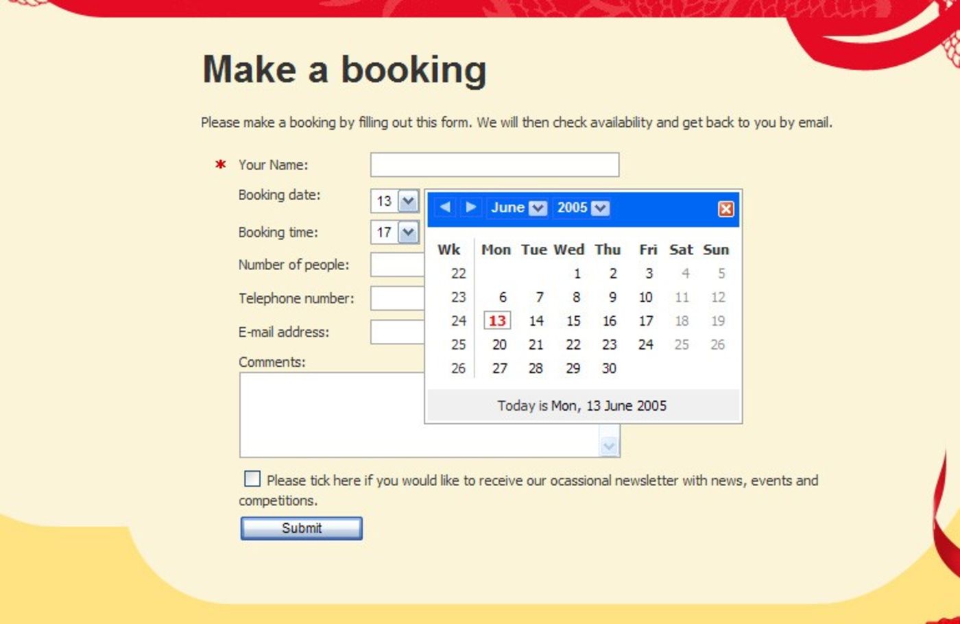 Mister Fu's Cantonese Restaurant Booking form